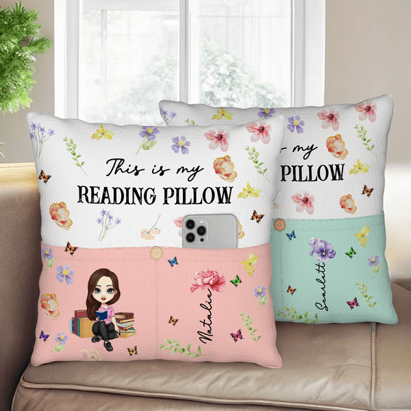 Personalised Birth Flower Cartoon Reading  Character Multicolor Throw Pillow Cover with Name Home Decor Christmas Birthday Gift for Family Bookworms
