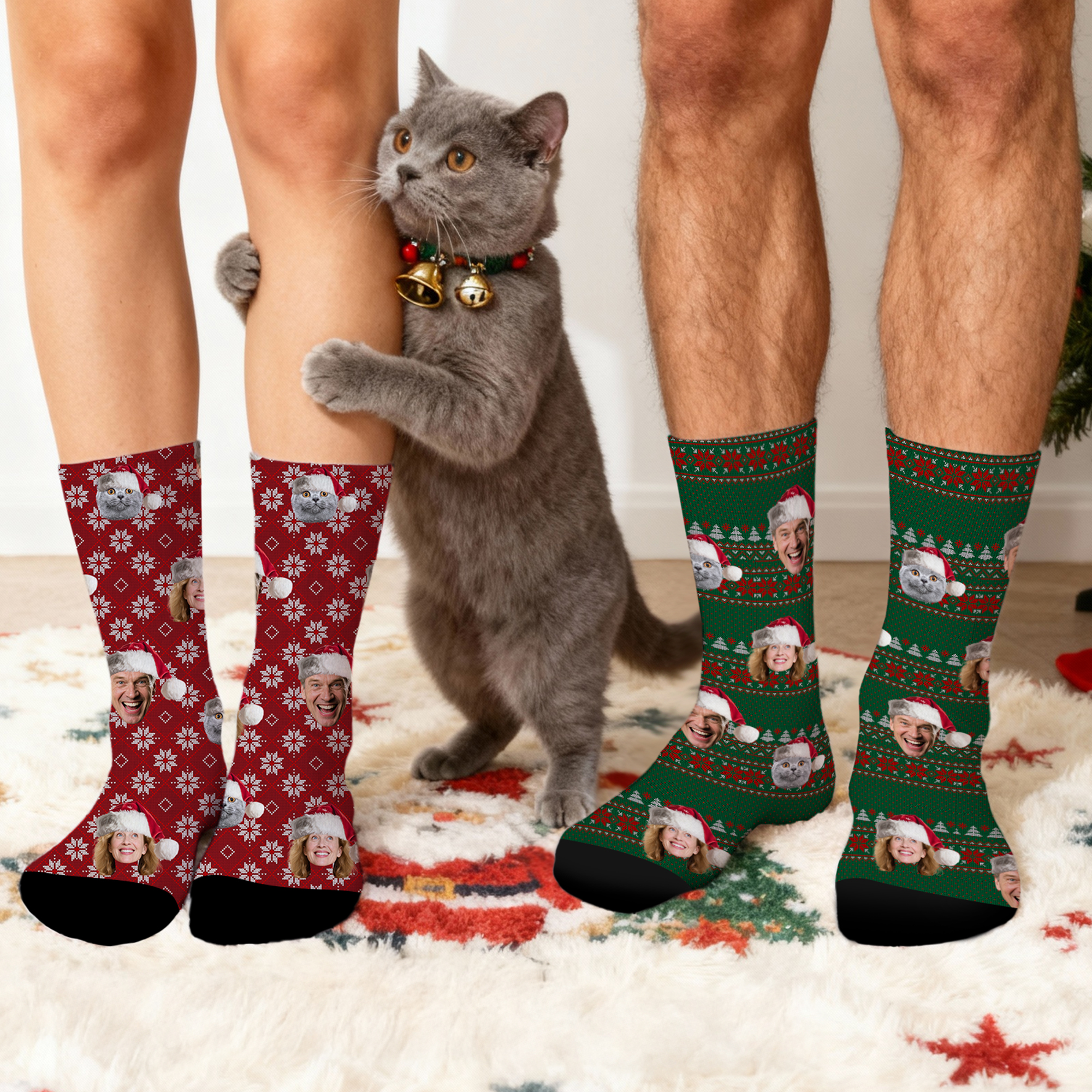Chaussettes de Noël Mi-Mollet Personnalisées avec 1 à 3 Photos Cadeau de Noël pour Couples Famille et Propriétaires d’Animaux