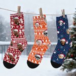 Personalised Funny 1-3 Face Photos Christmas Hat Comfortable Mid-Calf Socks Daily Use Christmas Gift for Couples Family Pet Owners