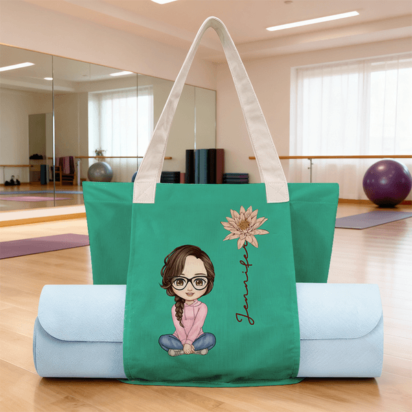Personalized Birth Flower Cartoon Character Yoga Mat Tote Bag with Name Yoga Accessories Travel Birthday Christmas Gift for Women Yoga Lovers