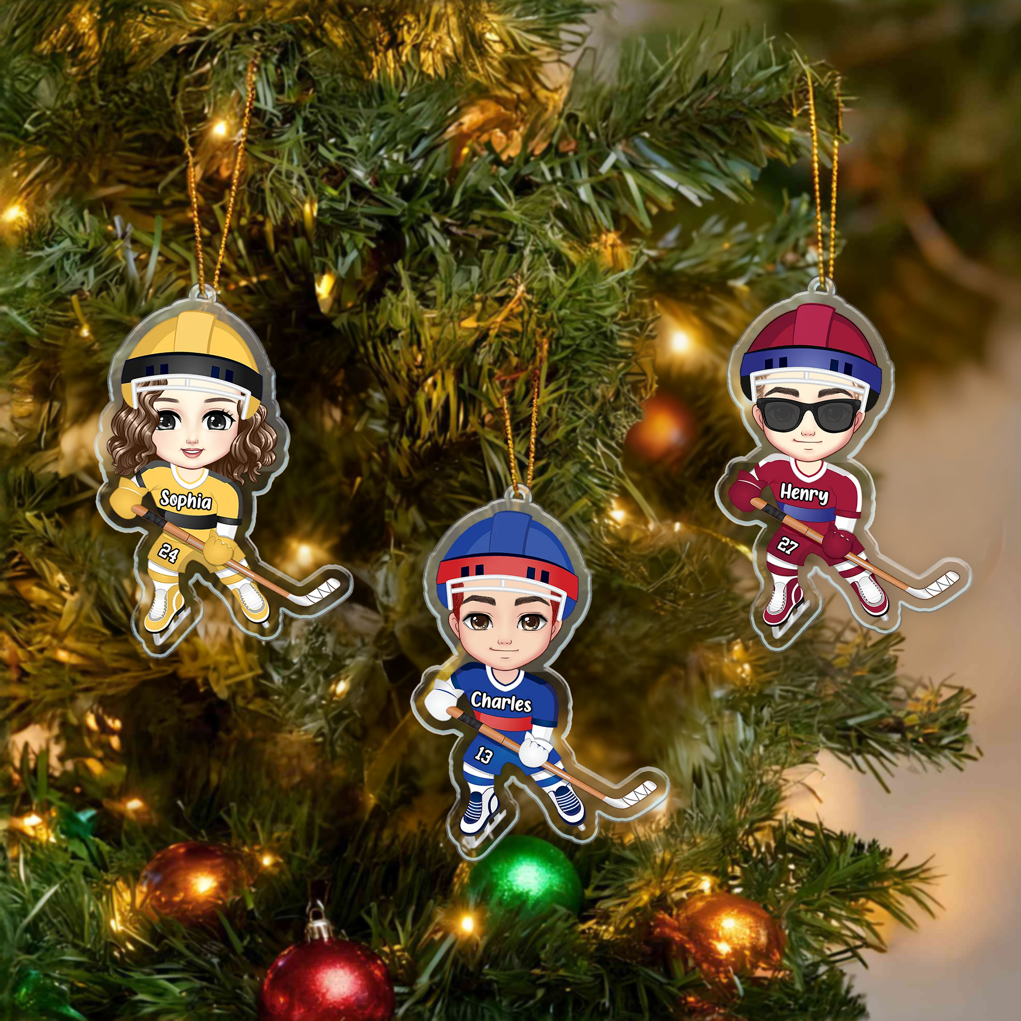 Ornement personnalisé en acrylique avec nom et numéro Cadeau de Noël pour joueur de hockey sur glace