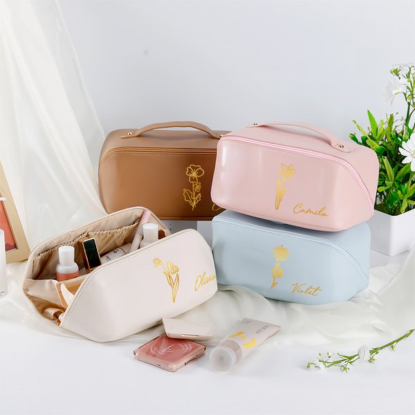 Personalized Birth Flower PU Leather Makeup Bag with Name Birthday Anniversary Gift for Her