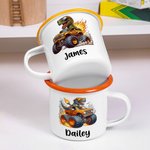 Personalised Dinosaur Lorry Multicolour 12 oz Enamel Mug with Name Birthday Christmas Gift for Kids Dinosaur Lorry Lovers