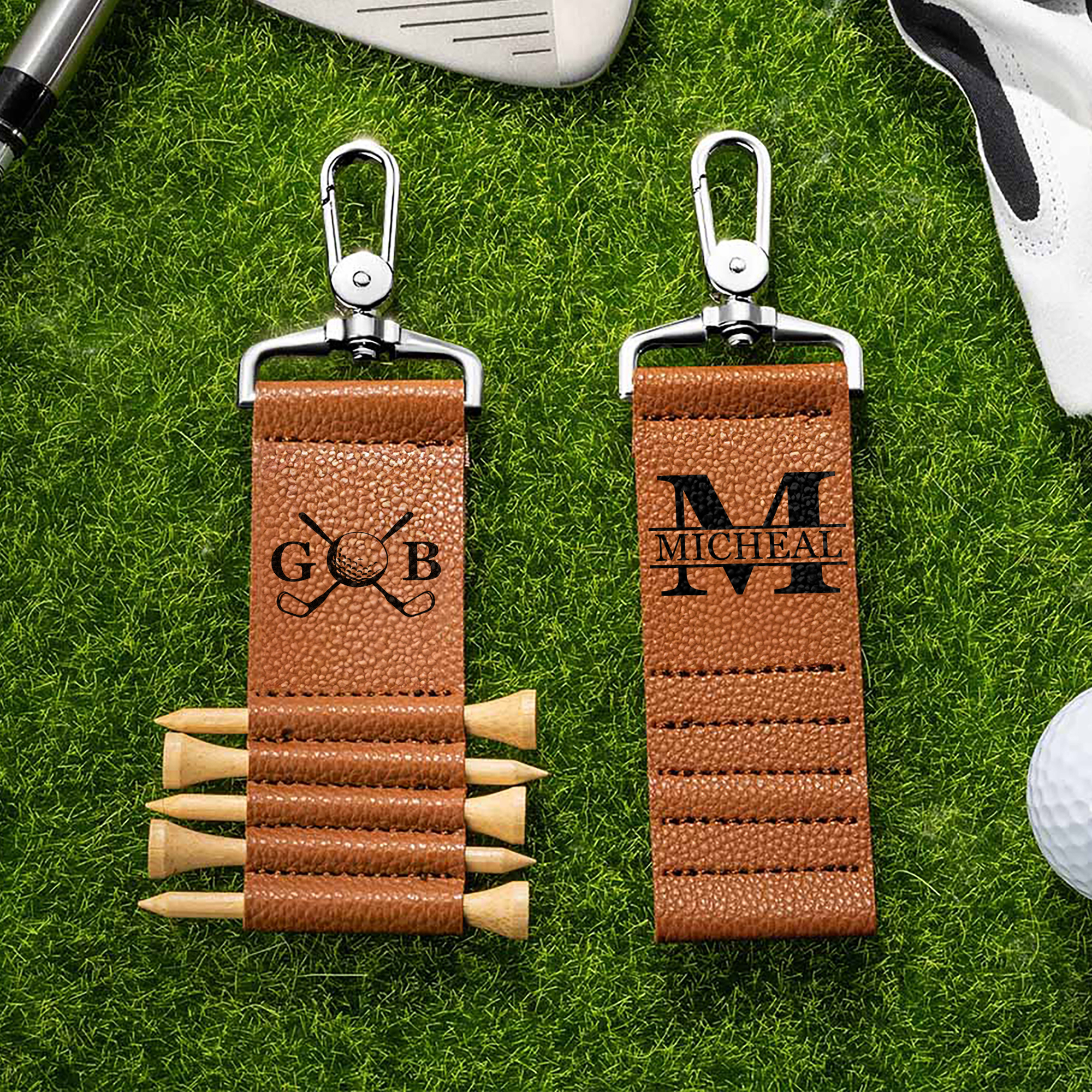 Monogramme initial en cuir PU avec nom et 5 tees en bambou Cadeau d'anniversaire pour joueur de golf