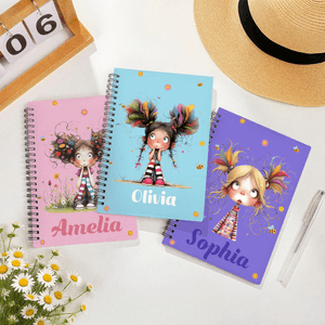 Personalized Cute Cartoon Quirky Girl A5 Spiral Notebook with Name and 120 Lined Pages Christmas Birthday Gift for Women Girls