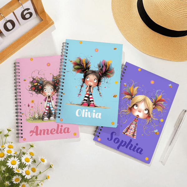 Personalized Cute Cartoon Quirky Girl A5 Spiral Notebook with Name and 120 Lined Pages Christmas Birthday Gift for Women Girls