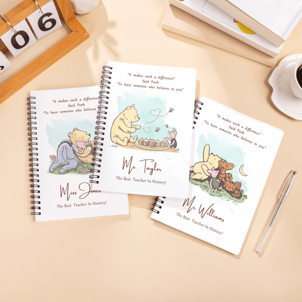 Personalized Classic Winnie the Pooh Spiral A5 Notebook with Text Title and Surname Christmas Birthday Gift for Teachers