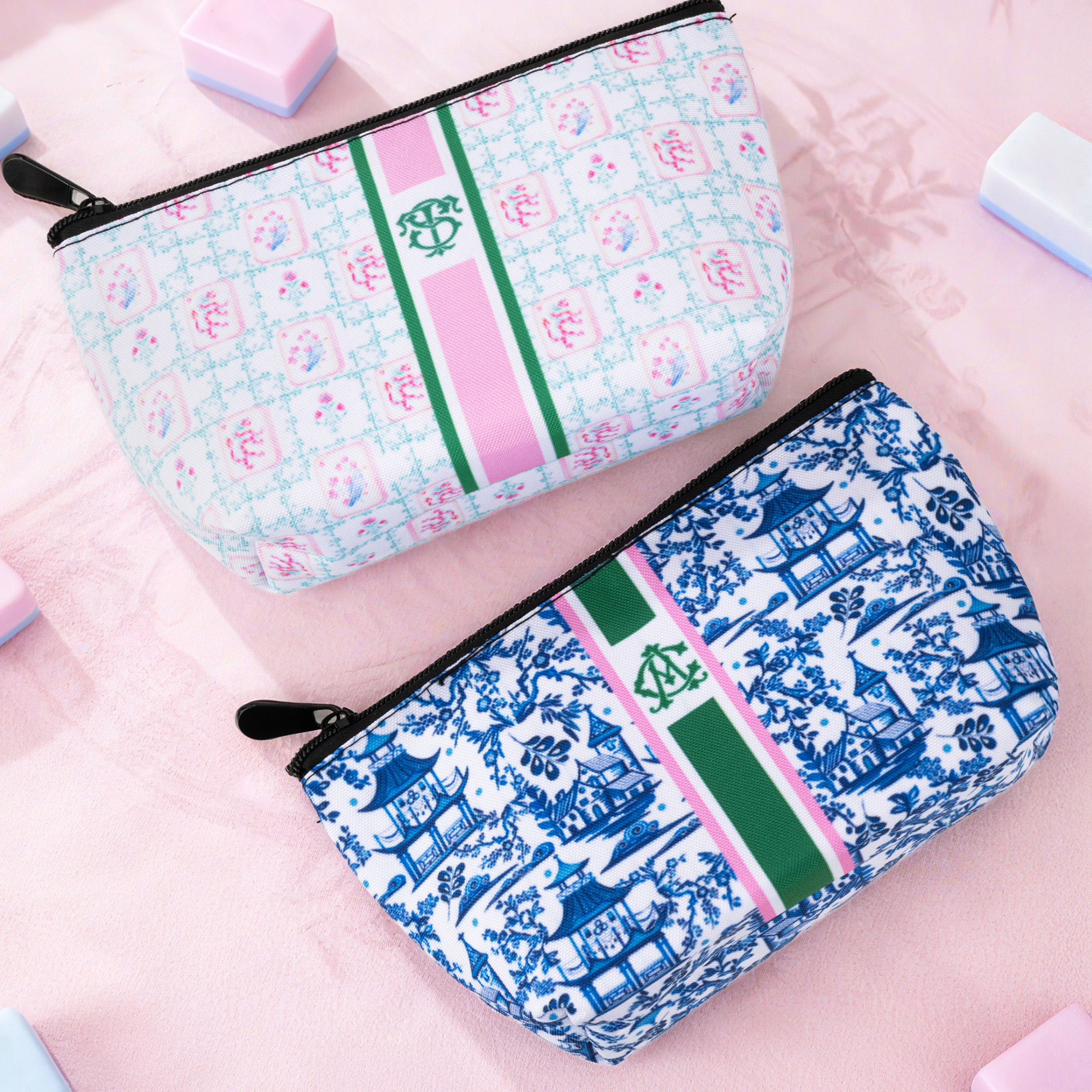 Personalizzato Chinoiserie Monogrammed Mahjong Tiles Pouch Makeup Bag with Initials Travel Accessory Christmas Birthday Gift for Mahjong Lovers