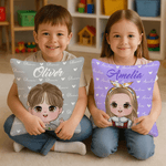 Personalized Cute Kid Cartoon Character Throw Pillow Cover with Name Home Decor Christmas Birthday Gift for Boys Girls