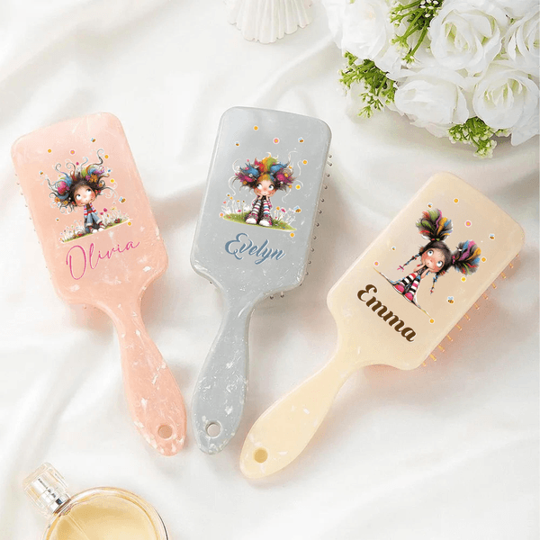 Personalised Cute Cartoon Quirky Girl Paddle Air Cushion Comb with Name and Handle Ribbon Makeup Tool Christmas Birthday Gift for Women Girls