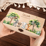 Personalized Cartoon Jungle Animals Wooden Memory Storage Box with Name and Text Birthday Baby Shower Gift for Newborn Parent