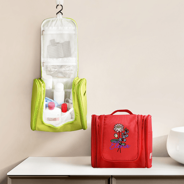 Personalised Birth Flower Bouquet Name Multi-Compartment  Toiletry Bag with Mirror and Hanging Hook Portable Travel Essential Birthday Gift for Women