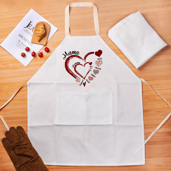 Personalised Double-Layer Heart Kid Adult Cooking Apron with Kid's Names and Pocket Mother's Day Christmas Gift for Grandma Kids