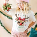 Personalised Cute Reindeer Snowflake Bow Cap Multicolor Kid T-shirt Sweatshirt with Name Christmas Gift for Kids