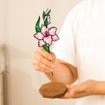 Personalized Stained Birth Flower Garden Stake with Text and Wooden Base Garden Pot Decoration Birthday Gift for Women Gardeners