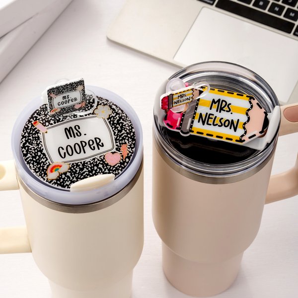 Personalized Apple Disco Ball Book Pencil Straw Topper Nameplate with Text Accessory for Stanley Cup Christmas Appreciation Gift for Teacher