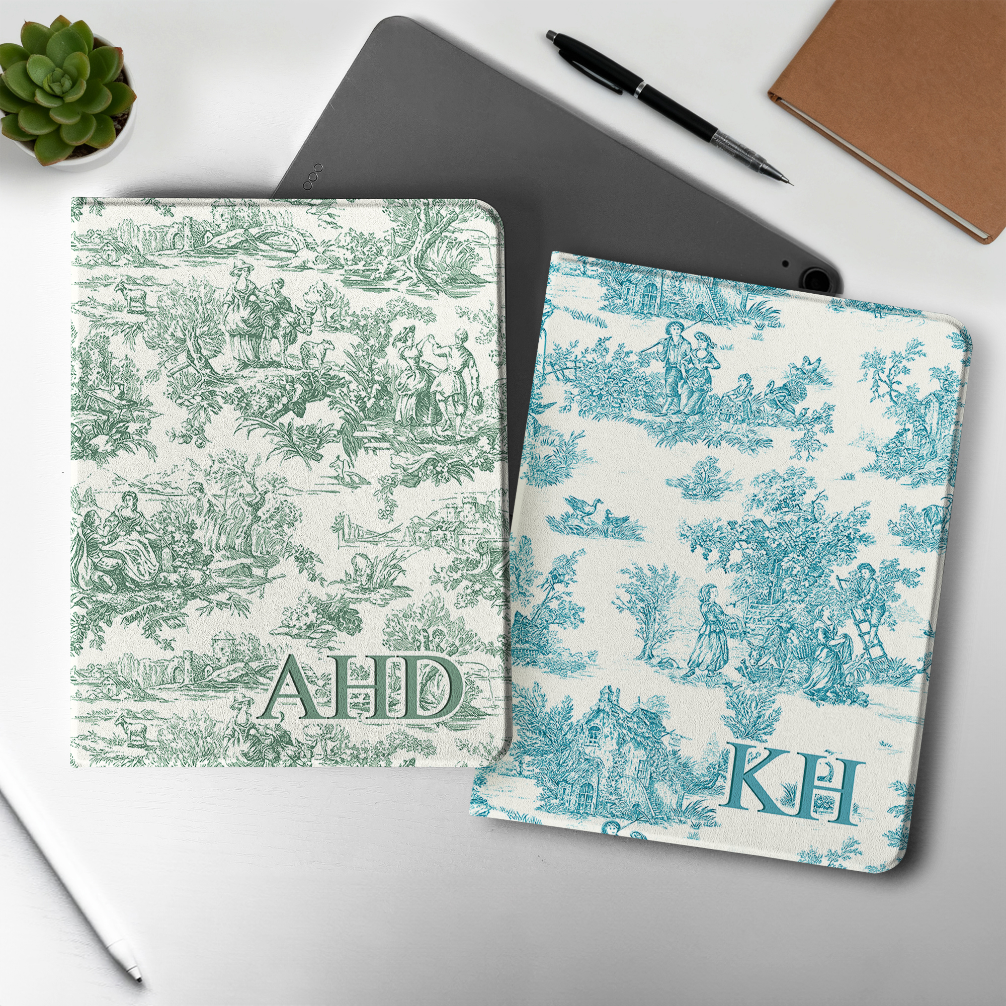 Toile de Jouy Design Personnalisée Housse Protectrice pour iPad avec Initiales Utilisation Quotidienne Noël Anniversaire Cadeau pour Famille Amis