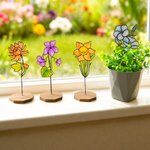 Personalized Stained Birth Flower Garden Stake with Text and Wooden Base Garden Pot Decoration Birthday Gift for Women Gardeners