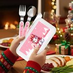 Personalized Cute Cartoon Snowman Initial Food-Grade Kid's Fork Spoon Knife 3 Pcs Cutlery Set with Name Daily Use Christmas Gift for Kids