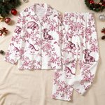 Personalized Multicolour Pet Photo Toile De Jouy Foral Long Sleeve Ladies Pajamas Set Daily Use Pet Party Birthday Gift for Women Pet Lovers