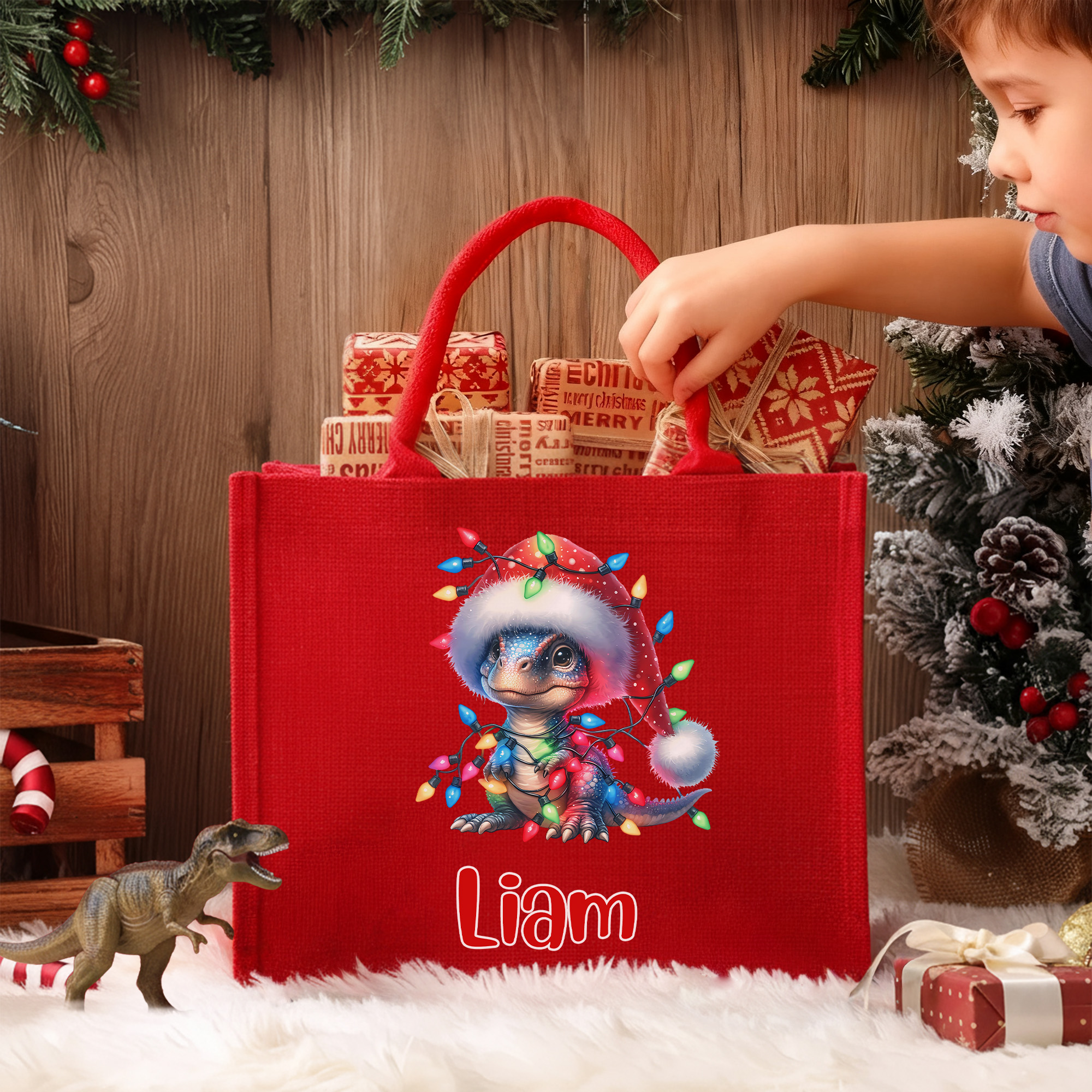 Chapeau de Père Noël Lanternes Dinosaures Grande capacité Sac fourre-tout en jute rouge avec nom Fête de Noël Cadeau pour enfants