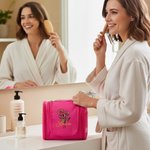 Personalised Birth Flower Bouquet Name Multi-Compartment  Toiletry Bag with Mirror and Hanging Hook Portable Travel Essential Birthday Gift for Women