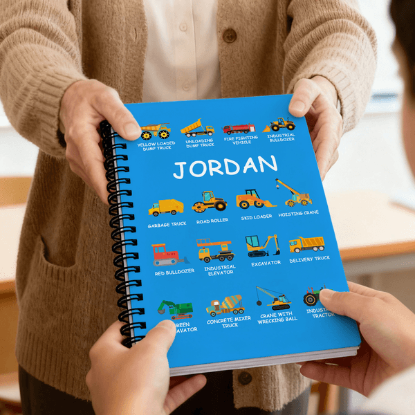Personalized Construction Truck A5 Spiral Notebook with Name and 120 Pages Recording Accessory Christmas Birthday Gift for Boys Truck Lovers