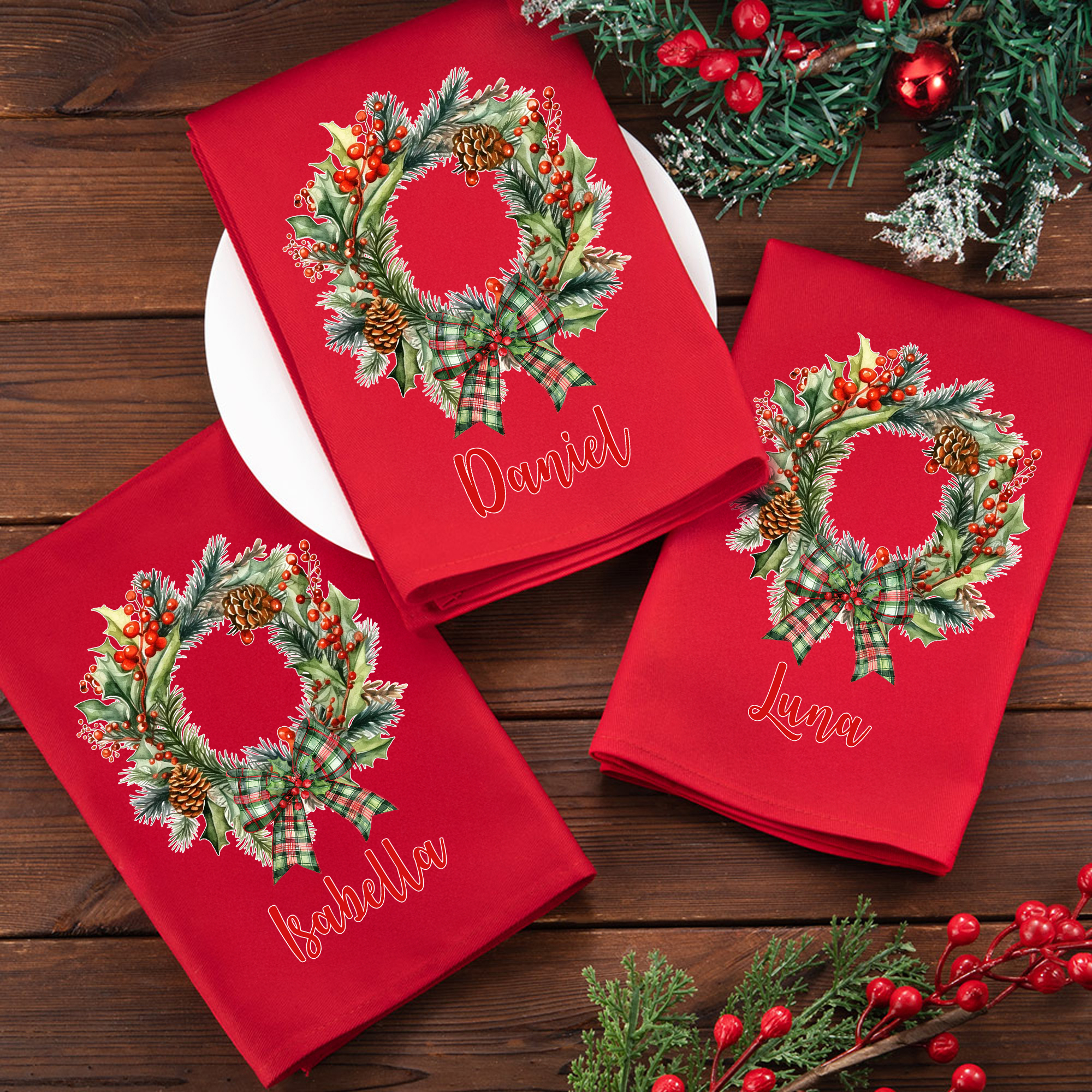 Serviette de table personnalisée en coton avec nom, couronne de Noël, nœud en plaid, rouge Cadeau de Noël pour la famille et les amis