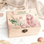 Personalized Mermaid Ocean Animals Wooden Memory Storage Box with Name and Text Birthday Baby Shower Gift for Newborn Parent