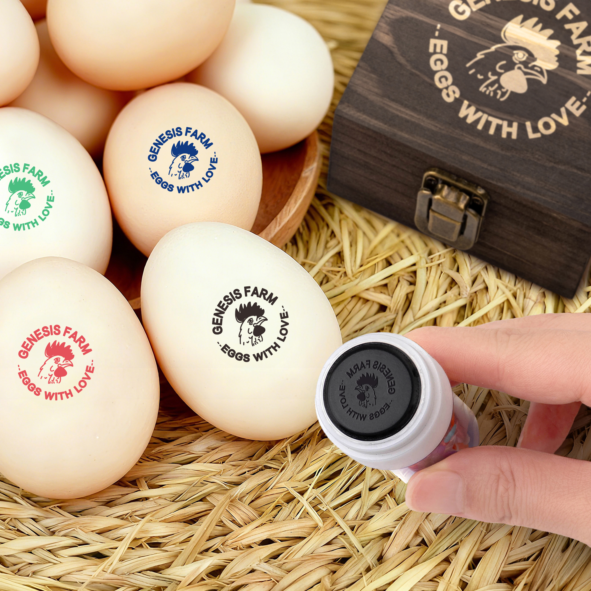 Tampon personnalisé en forme de poule avec pétales d'oeufs Etiquette de sécurité pour les oeufs de la ferme avec boîte et encre alimentaire Cadeau d'anniversaire pour la famille Fermier Éleveur