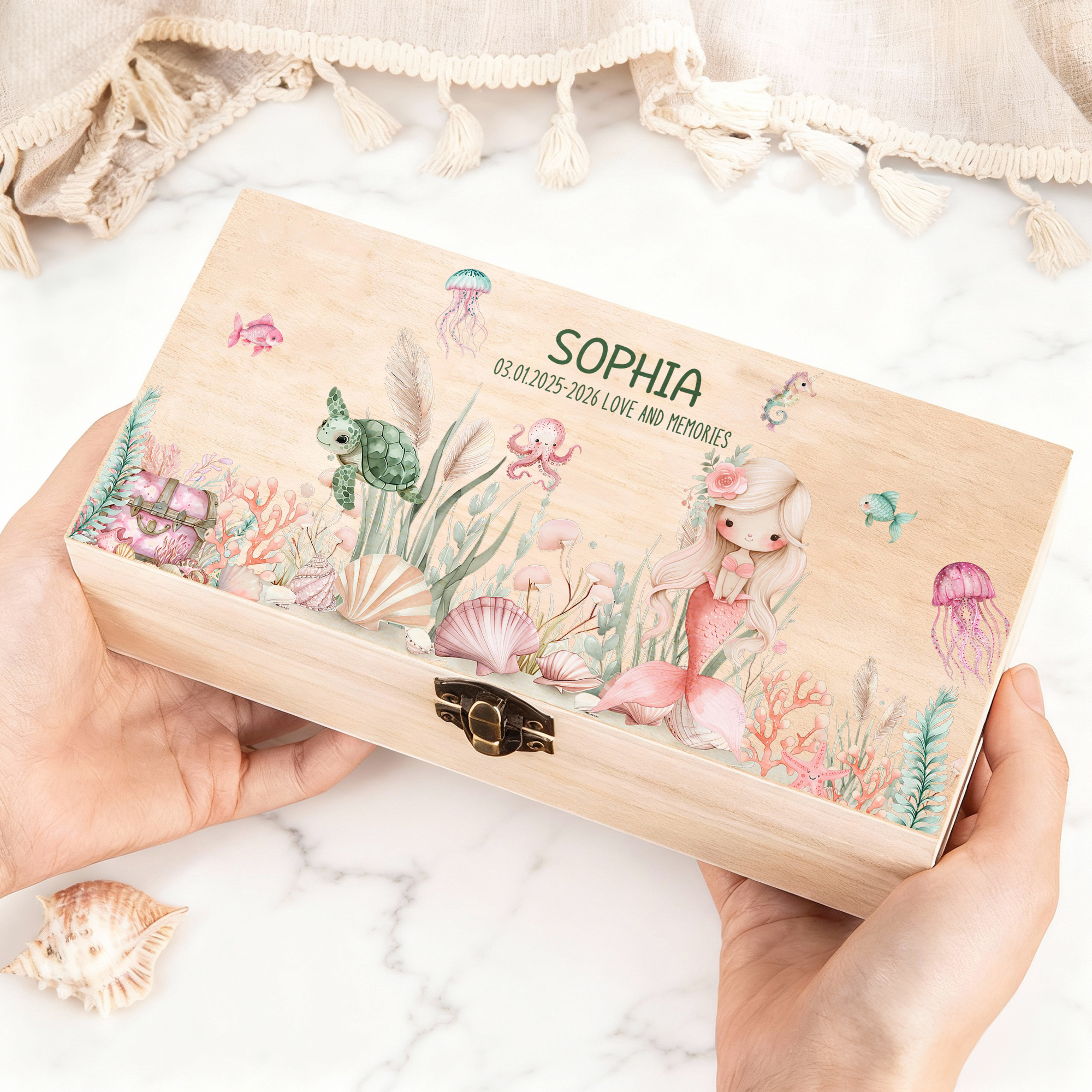 Boîte de rangement en bois personnalisée avec nom et texte pour les sirènes et les animaux de l'océan Cadeau d'anniversaire pour les parents de nouveau-nés