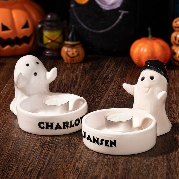 Gepersonaliseerde Leuke Kleine Spook Keramische Kaarshouder met Naam Woondecoratie Beste Halloweencadeau voor Familie Vrienden