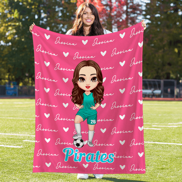 Personalized Heart Cartoon Soccer Character Soft Throw Blanket with Name and Number Game Day Team Gift for Soccer Player Lover