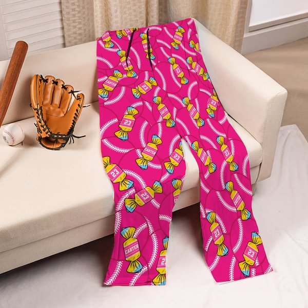 Personalized Candy Baseball Soft Drawstring Pajama Pants with Name Travel Holiday Party Birthday Gift for Baseball Fans