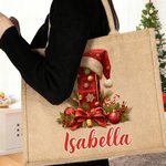 Personalized Santa Hat Holly Initial Design  Large Jute Tote Bag with Name Christmas Party Gift for Family Friends