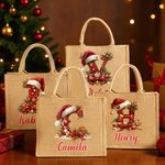 Personalized Santa Hat Holly Initial Design  Large Jute Tote Bag with Name Christmas Party Gift for Family Friends