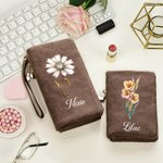 Personalised Vintage Birth Flower PU Leather Wallet with Name and Wristlet Christmas Birthday Gift for Women Girls