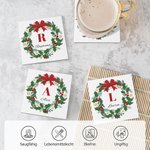Personalisierte 2-tlg. Quadratischer Keramik-Untersetzer mit Weihnachtskranz und Initiale Tischdeko Weihnachtsgeschenk für Familie Freunde
