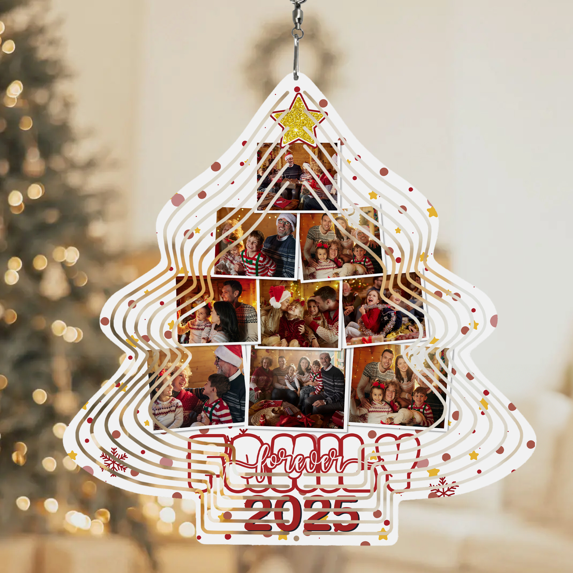 Ornement personnalisé en forme de sapin de Noël avec 9 photos et année Décoration de la maison Cadeau d'anniversaire pour la famille et les amis