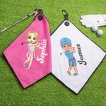 Personalised Cartoon Golf Character Name Waffle Golf Towel with Hanging Clip Sports Accessories Birthday Gift for Golf Players