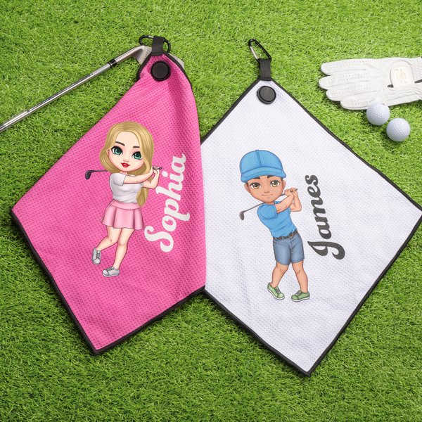 Personalised Cartoon Golf Character Name Waffle Golf Towel with Hanging Clip Sports Accessories Birthday Gift for Golf Players