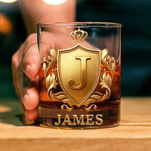 Personalised Golden 3D Badge Initial Name 10 oz Rock Whiskey Glass Old Fashioned Birthday Gift for Man Bartender Whiskey Enthusiast