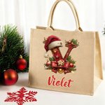 Personalized Santa Hat Holly Initial Design  Large Jute Tote Bag with Name Christmas Party Gift for Family Friends