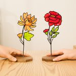 Personalized Stained Birth Flower Garden Stake with Text and Wooden Base Garden Pot Decoration Birthday Gift for Women Gardeners