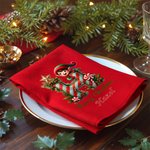 Serviette de table rouge personnalisée Joyeux Noël Mignon Elfe Initial 100% coton avec nom Décoration de table Cadeau de Noël pour la famille et les amis
