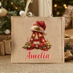 Personalized Santa Hat Holly Initial Design  Large Jute Tote Bag with Name Christmas Party Gift for Family Friends