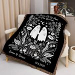 Gepersonaliseerde gotische Ghost Tassel deken met naam en datum huwelijksverjaardag Valentijnsdag cadeau voor echtpaar