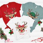 Personalised Cute Reindeer Snowflake Bow Cap Multicolor Kid T-shirt Sweatshirt with Name Christmas Gift for Kids