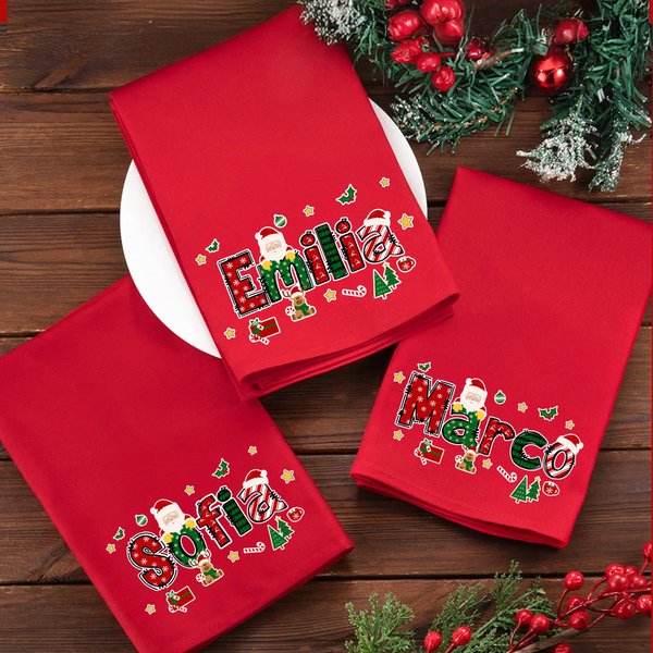 Tovagliolo rosso personalizzato in cotone con alfabeto e Babbo Natale decorazione per feste regalo di Natale per amici e famiglia