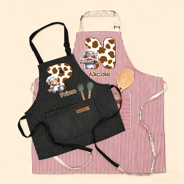 Personalized Highland Cow Kid Adult Baking Apron with Name Initial and Front Pocket Christmas Birthday Gift for Kids Family